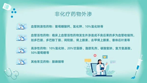 绿色卡通药物外渗的预防与处理PPT模板宣传PPT动态PPT输液外渗的处理方法