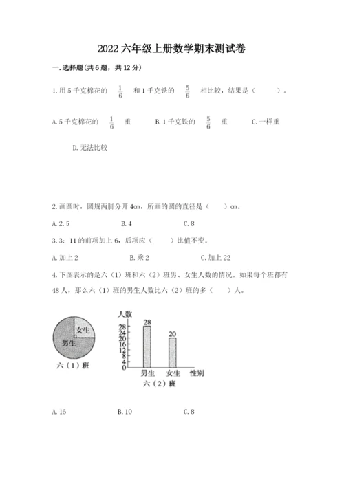 2022六年级上册数学期末测试卷及答案（典优）.docx