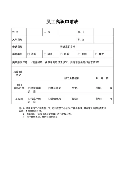 公司员工离职申请表word表格