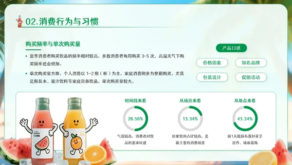 绿色卡通风夏季饮品经济消费报告PPT模板