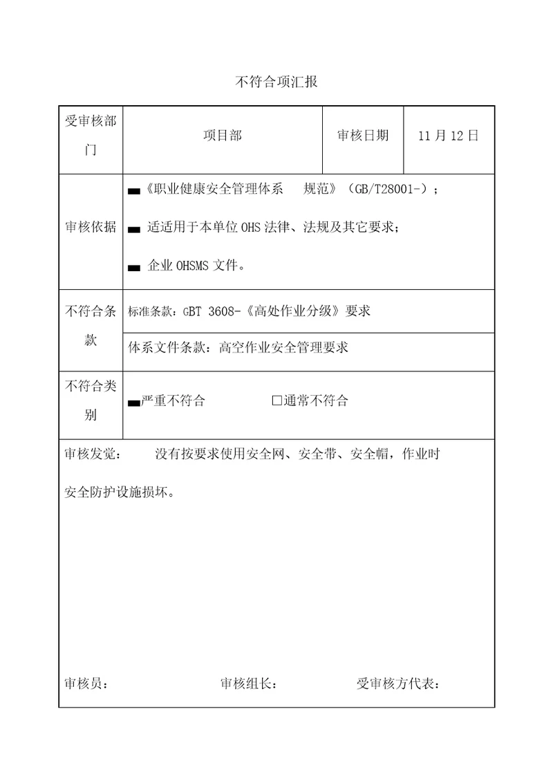 不符合项报告样稿