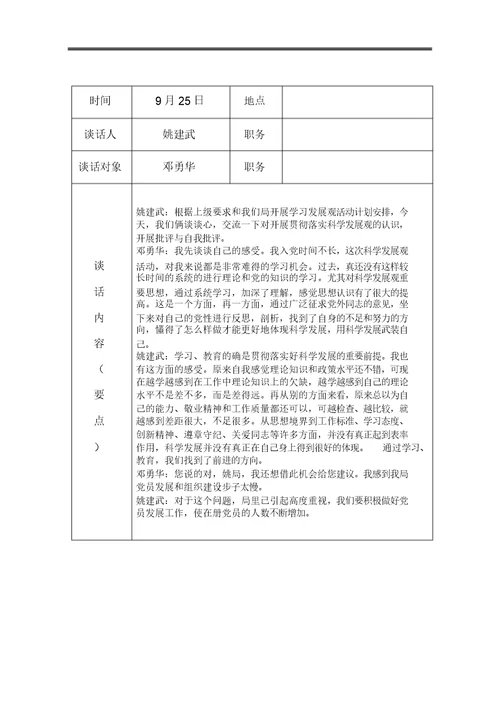 医院党员谈心谈话记录