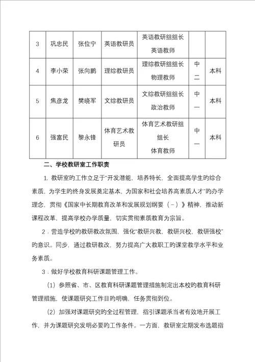 永正初中教研室组织机构及工作职责