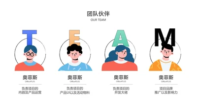 简约插画风人物团队介绍4项PPT内容页