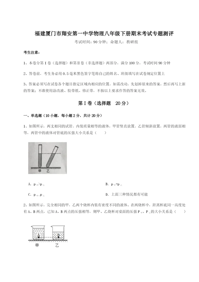 专题对点练习福建厦门市翔安第一中学物理八年级下册期末考试专题测评试卷（含答案解析）.docx