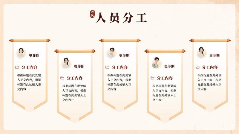 人员分工-橙黄色古风项目汇报关系页PPT单页