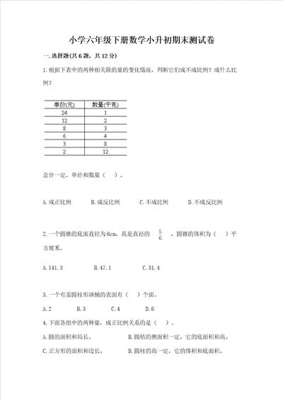 小学六年级下册数学小升初期末测试卷真题汇编