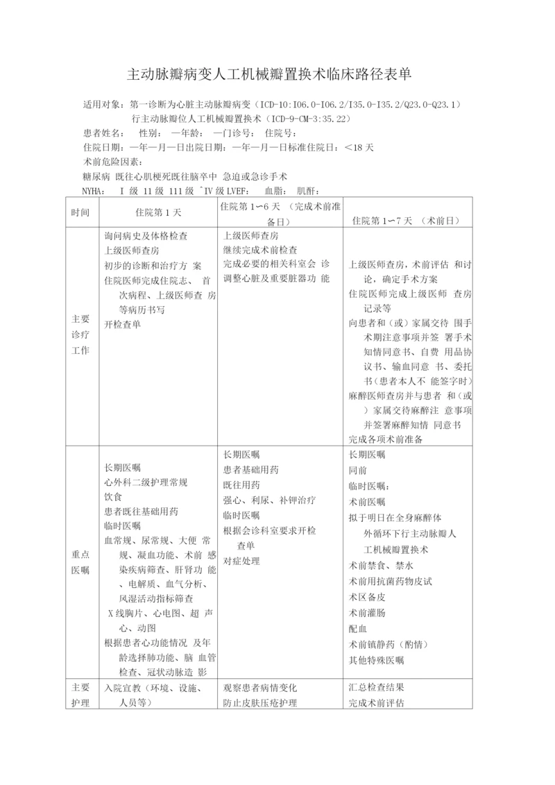 主动脉瓣病变人工机械瓣置换术临床路径表单.docx