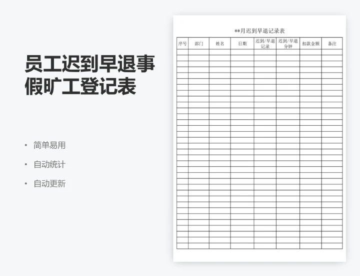 员工迟到早退事假旷工登记表
