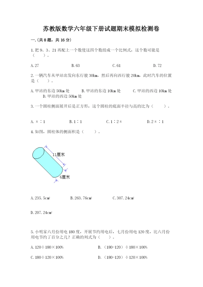 苏教版数学六年级下册试题期末模拟检测卷【黄金题型】.docx