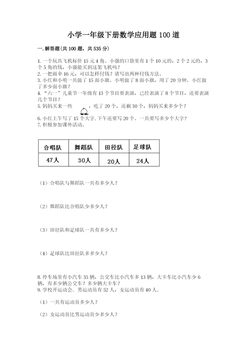 小学一年级下册数学应用题100道免费下载答案.docx