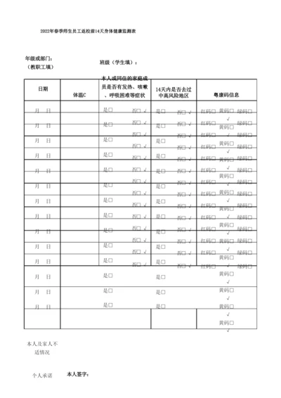 2022年春季师生员工返校前14天身体健康监测表.docx