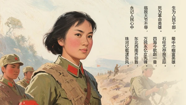 红黑配色复古油画风民族英雄赵一曼人物介绍PPT模板
