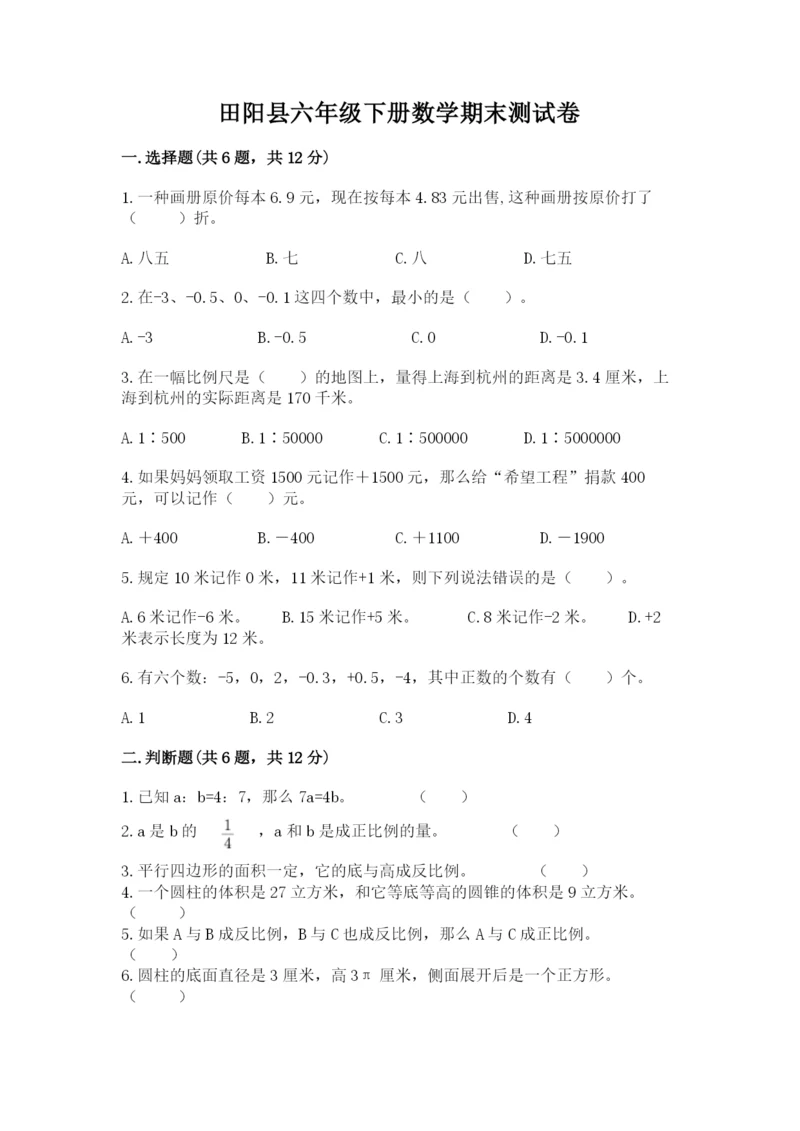 田阳县六年级下册数学期末测试卷及1套参考答案.docx