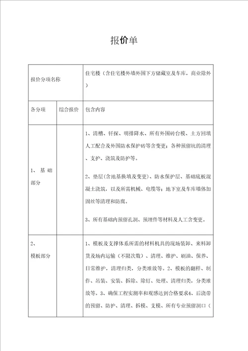 建筑工程劳务大包报价单