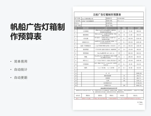 帆船广告灯箱制作预算表