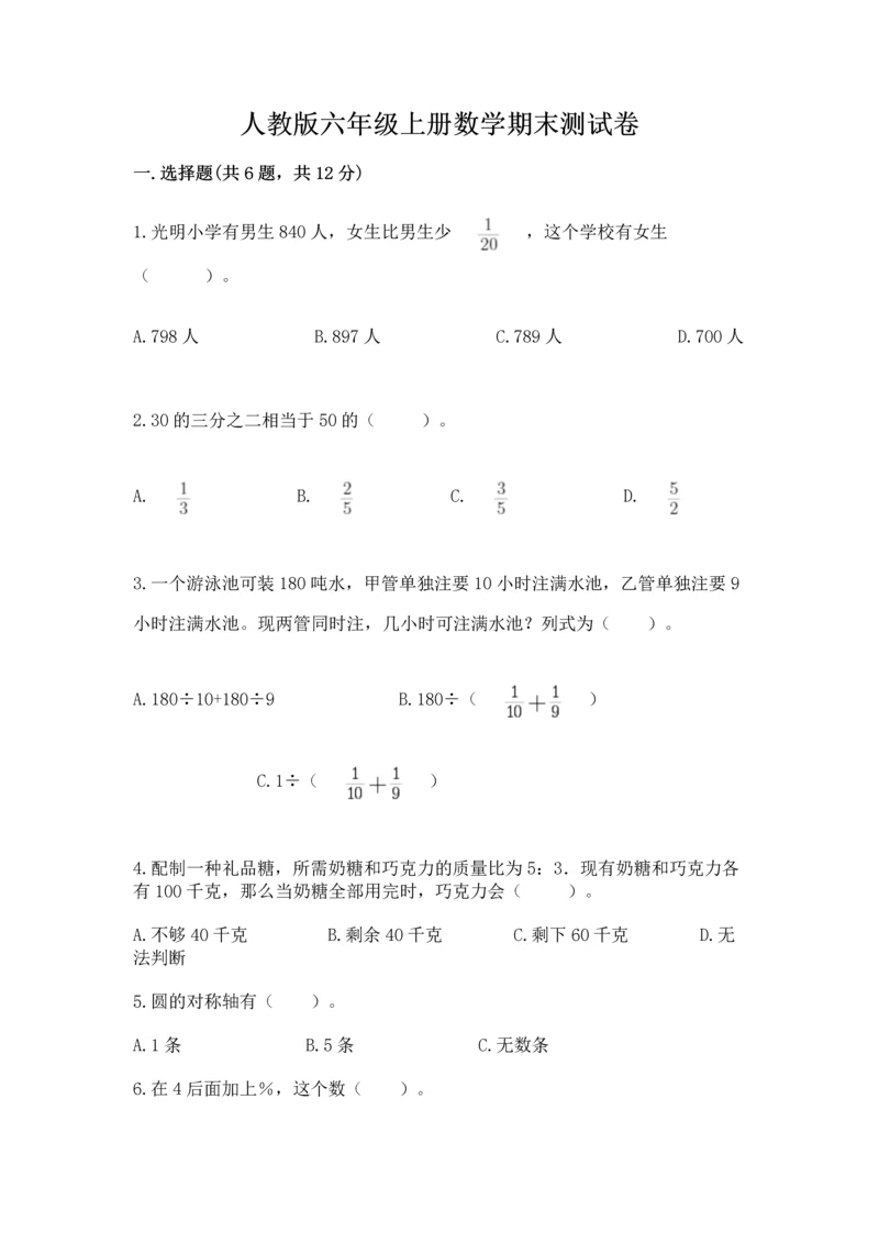人教版六年级上册数学期末测试卷(网校专用)word版.docx