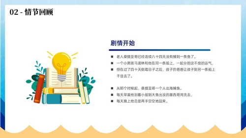 蓝色插画风老人与海读书分享PPT