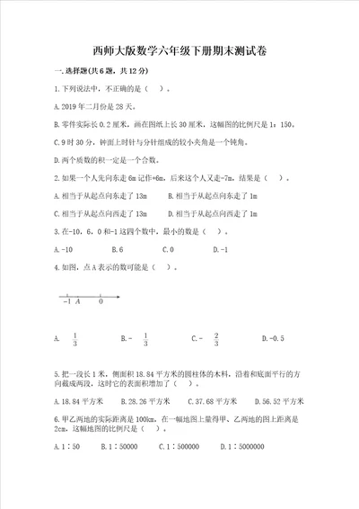 西师大版数学六年级下册期末测试卷（精品）