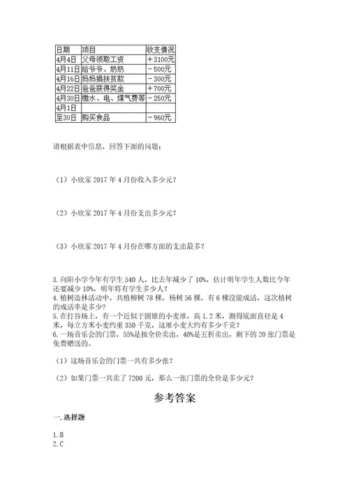 小学毕业会考数学试卷附参考答案（考试直接用）