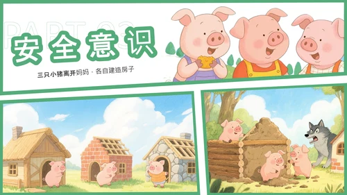 绿色卡通风三只小猪安全意识培养PPT