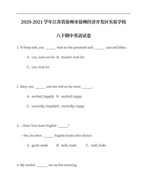 江苏徐州实验小学六下期中英语试卷word模板