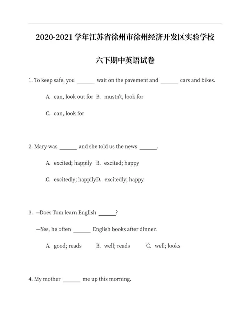 江苏徐州实验小学六下期中英语试卷word模板