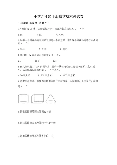 小学六年级下册数学期末测试卷附答案【模拟题】