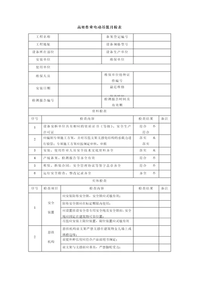 高处作业吊篮月检表