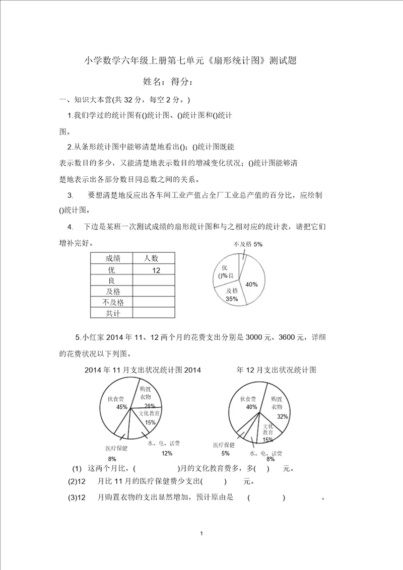 小学数学六年级上册第七单元扇形统计图测试题