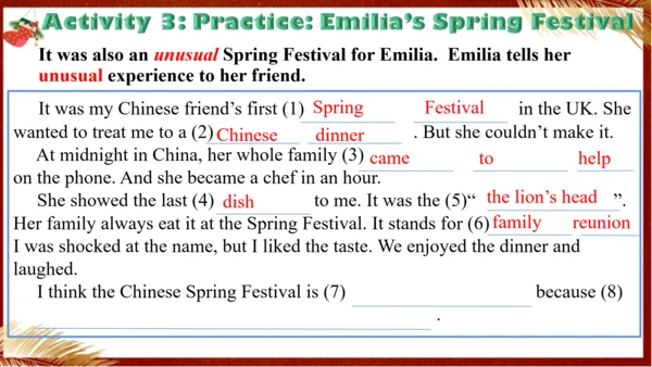 【优质阅读公开课课件】Unit 4 Time to celebrate Understanding