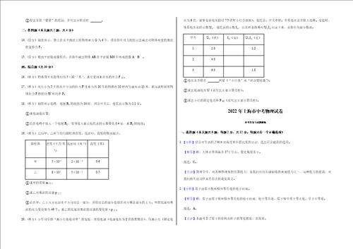 2022年上海市中考物理试卷及答案