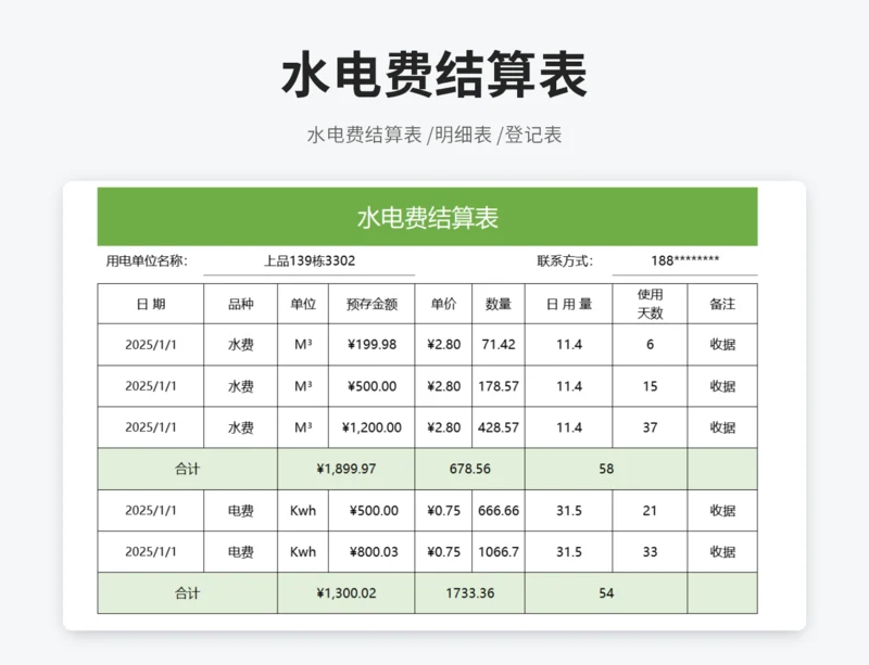 水电费结算表