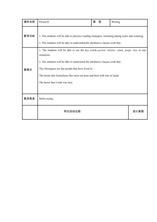 Module 10 Australia 模块表格式教案（5课时）