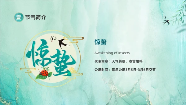 绿色鎏金风中国二十四节气之一惊蛰节气介绍PPT