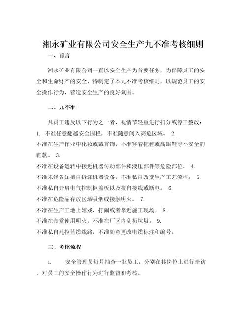 湘永矿业有限公司安全生产九不准考核细则