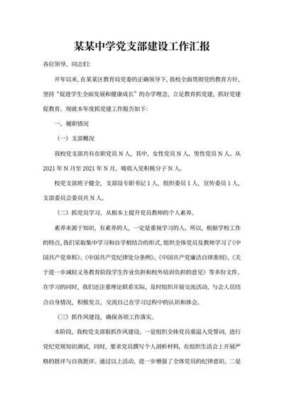 中学党支部建设工作汇报word模板
