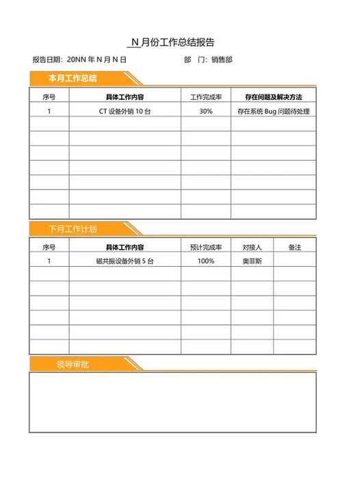 黄色标签销售部月总结报告word模板