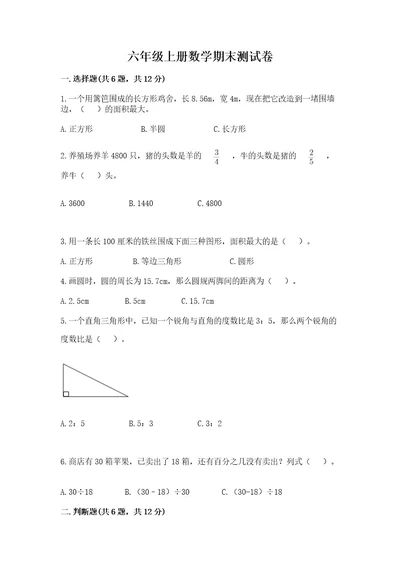 六年级上册数学期末测试卷附参考答案ab卷