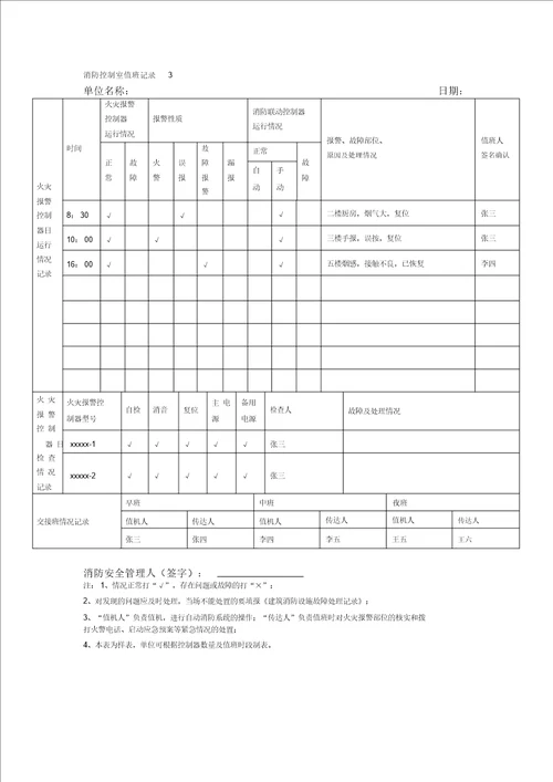 消防控制室值班记录表