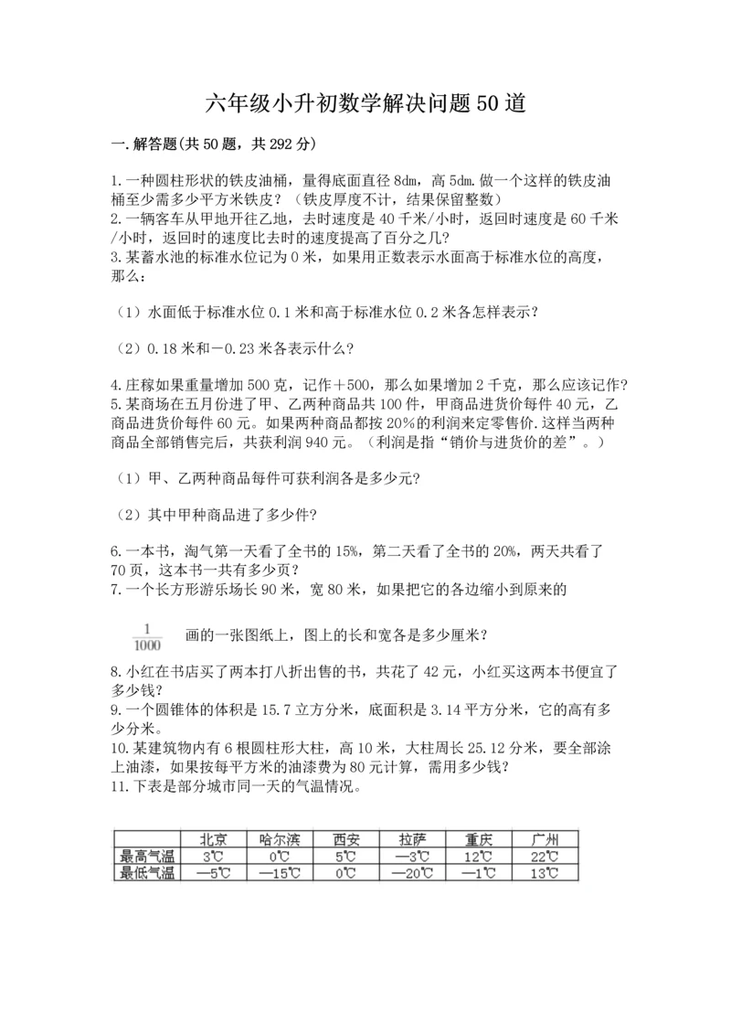 六年级小升初数学解决问题50道精品（历年真题）.docx