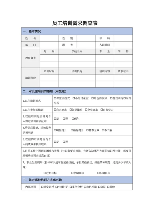 员工培训需求调查表