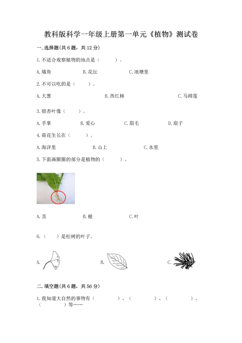 教科版科学一年级上册第一单元《植物》测试卷附完整答案（网校专用）.docx