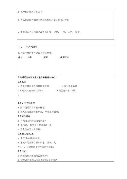食品企业的供应商调查表模板