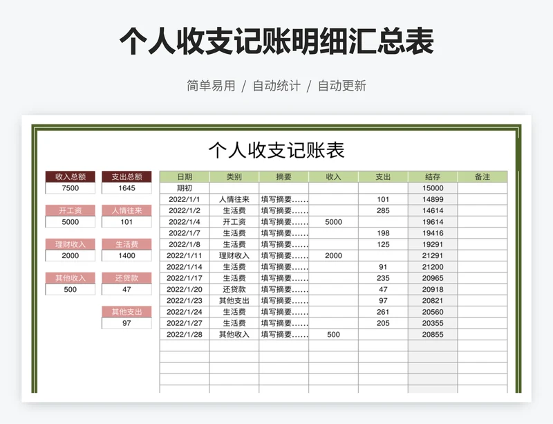 个人收支记账明细汇总表