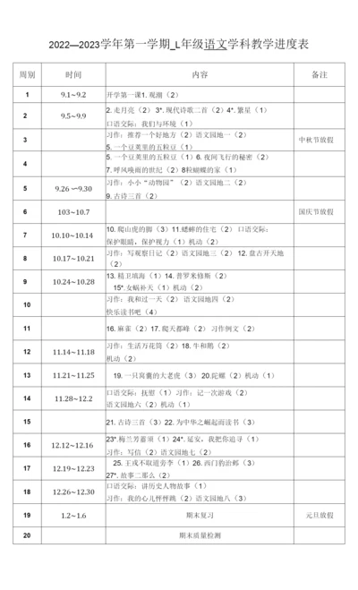 2022-2023学年第一学期四年级语文教学进度表.docx