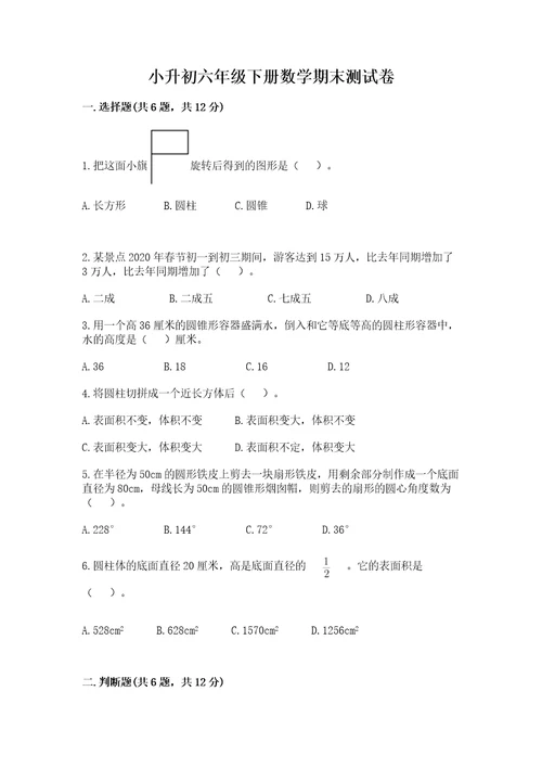 小升初六年级下册数学期末测试卷精品名师系列