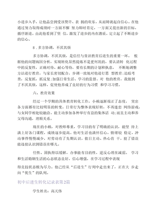 初中后进生转化记录表4篇