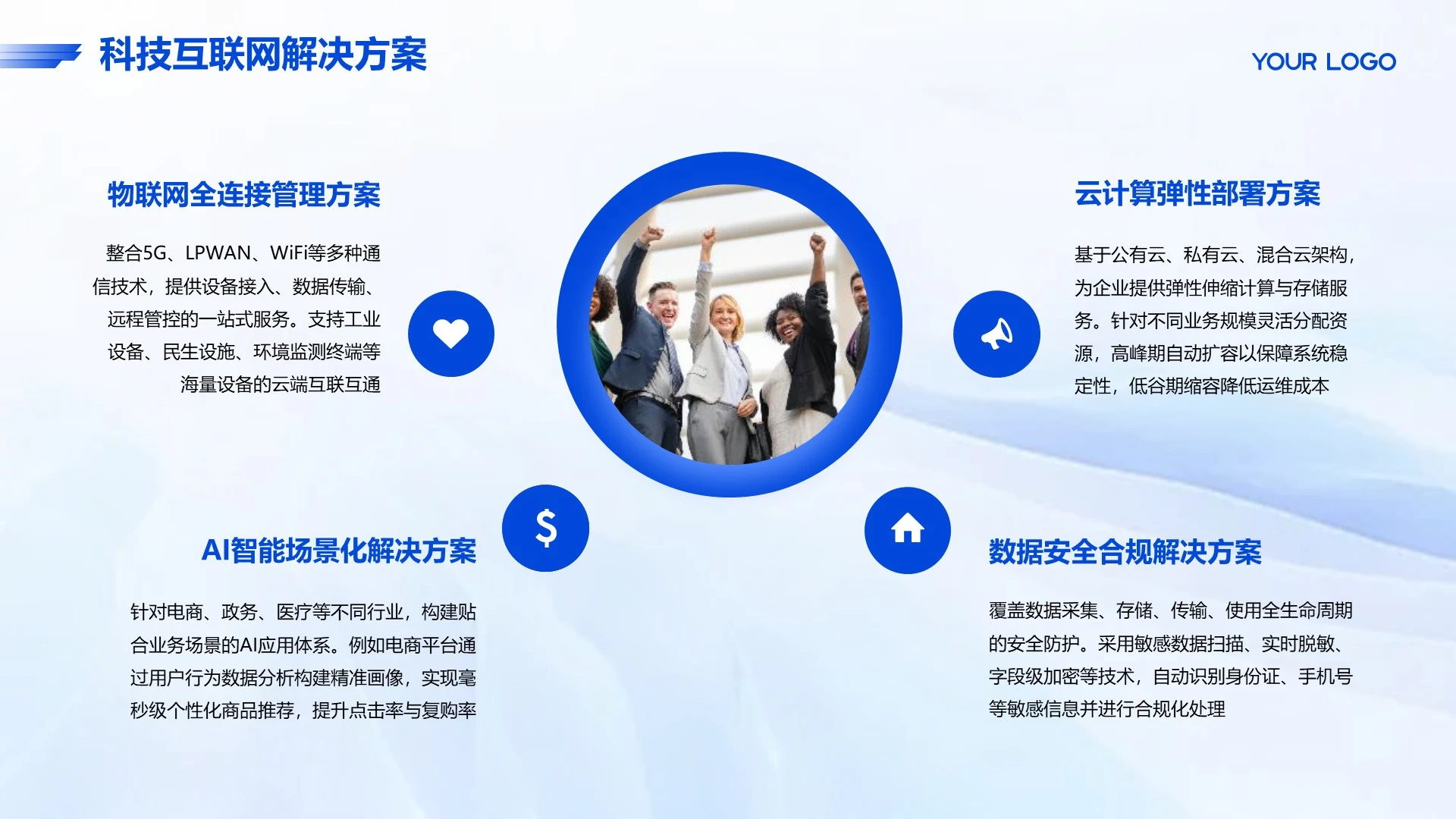 蓝色科技风互联网解决方案PPT单页