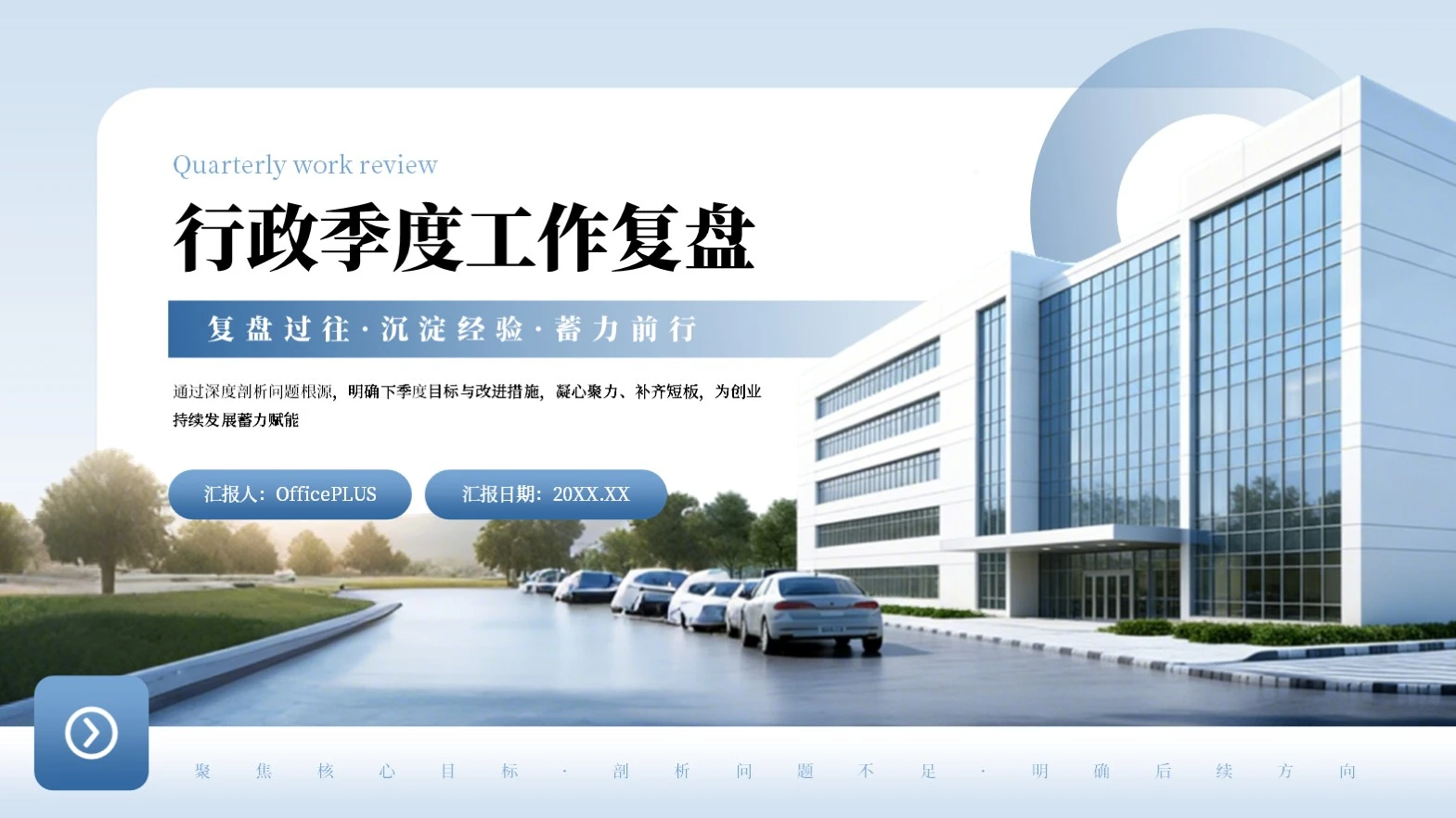 蓝色商务风行政季度工作复盘PPT模板